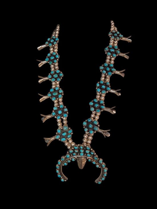 Native Jewelry - Vintage Navajo-Style Turquoise Cluster Squash Blossom Necklace, 320g